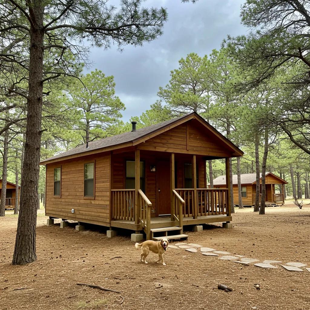 Pet-friendly cabin in a forest with a dog playing outside, ideal for camping trips