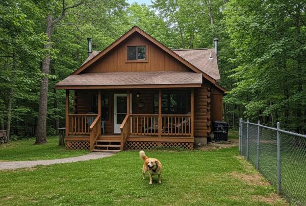 Pet-friendly cabin in Michigan with a dog playing outside, showcasing outdoor space and rustic charm