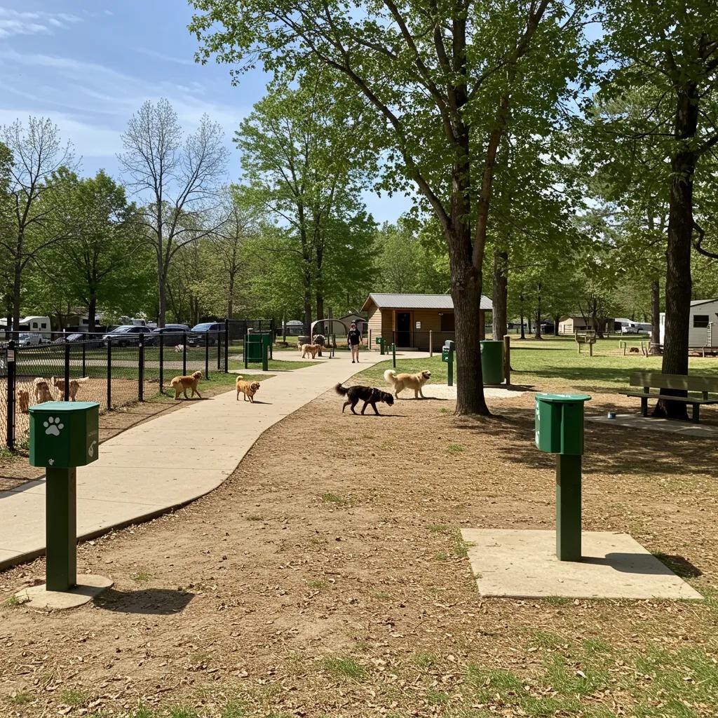Pet-friendly campground amenities including a dog park and waste stations