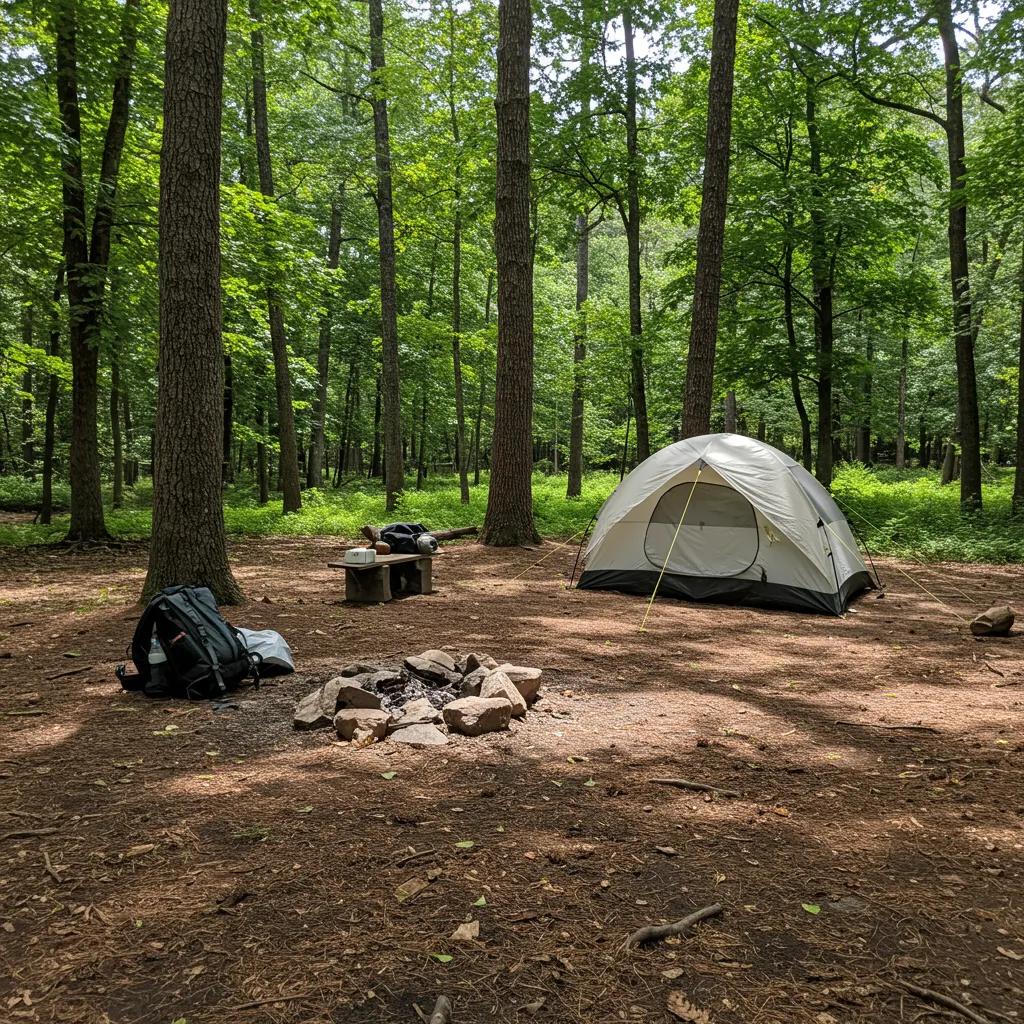 A primitive camping site in an Ohio state park, featuring a tent amidst natural surroundings