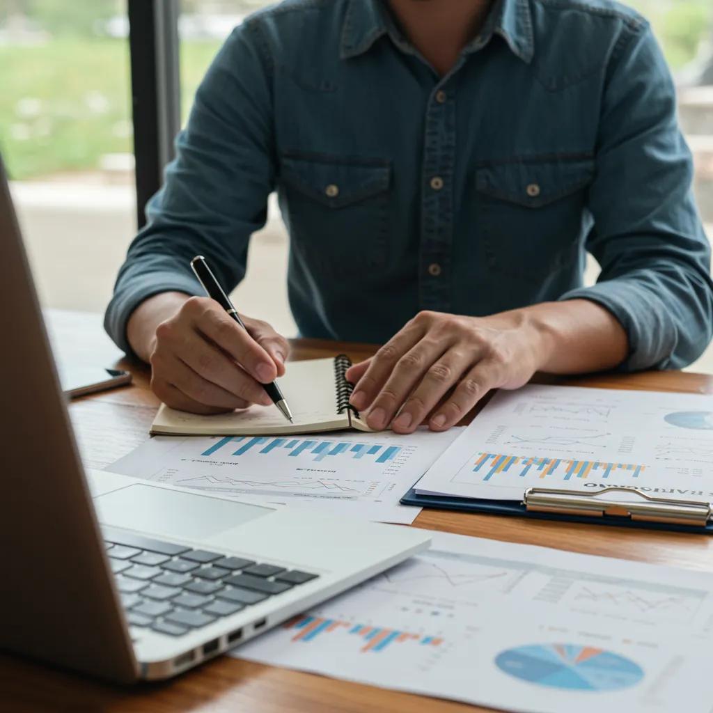 Professional appraiser analyzing campground valuation documents and data