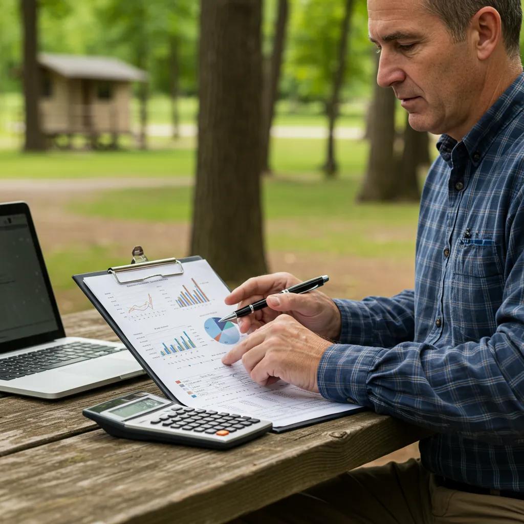 Professional appraiser reviewing campground financial documents in a serene outdoor setting