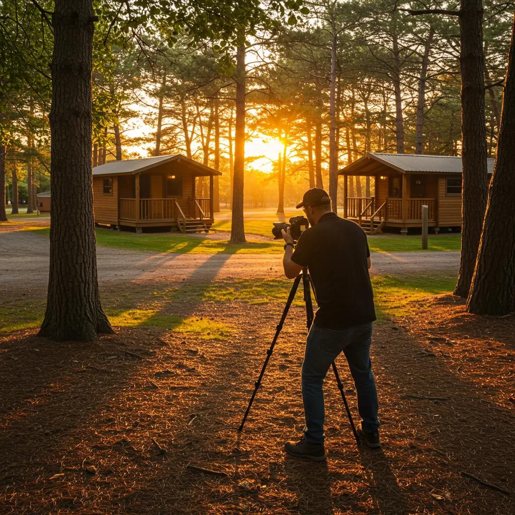 Professional photographer capturing a campground during golden hour, highlighting the importance of high-quality visuals