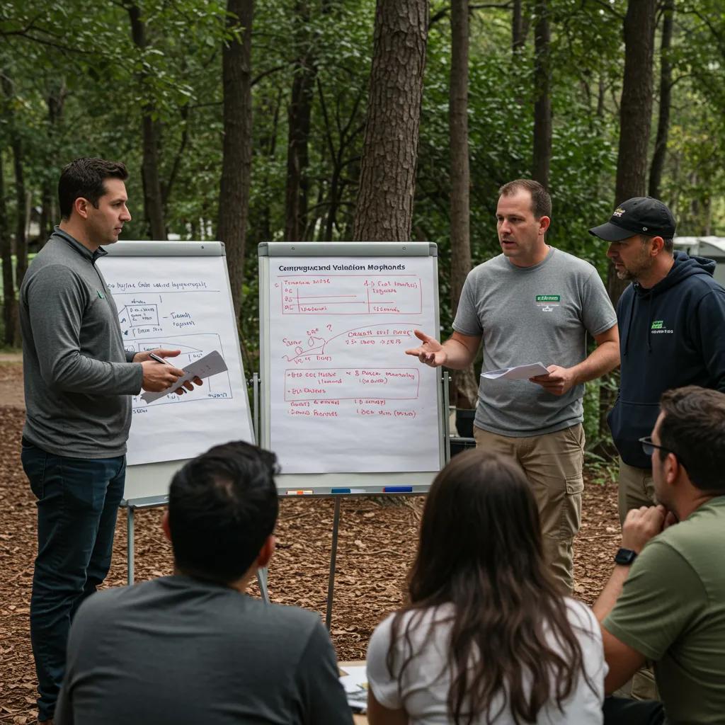Professionals discussing campground valuation methods in a natural outdoor setting