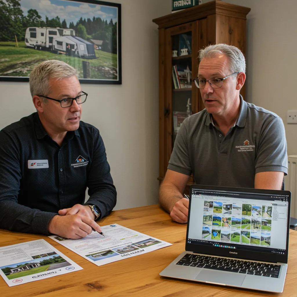 Real estate agent consulting with campground owner about selling options