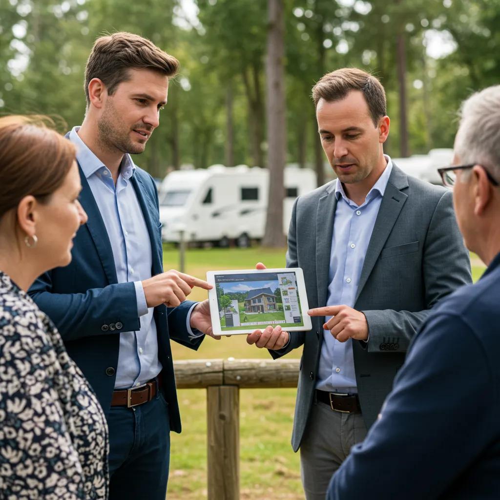 Real estate agent consulting with campground owners about property sales in a natural setting