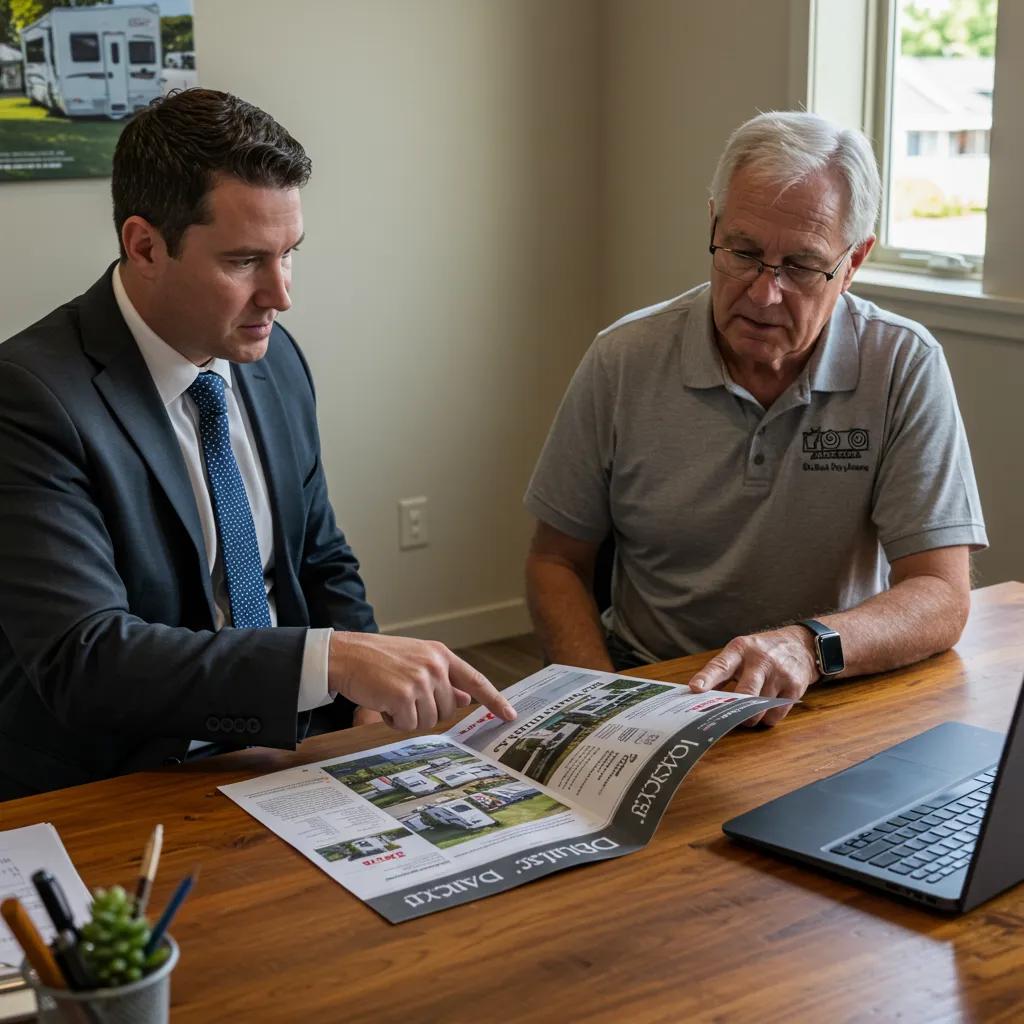 Real estate agent discussing RV resort services with campground owners in a professional setting