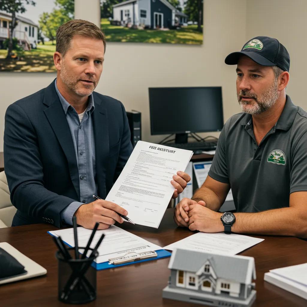 Real estate broker explaining fees to campground owner in a professional office