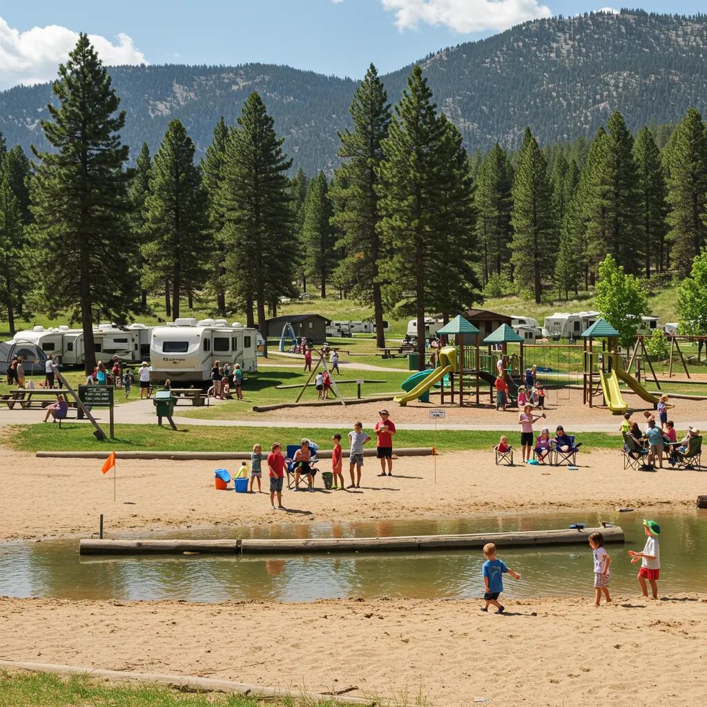 Ridge Ranch Campground showcasing its beach access and families actively enjoying various activities.