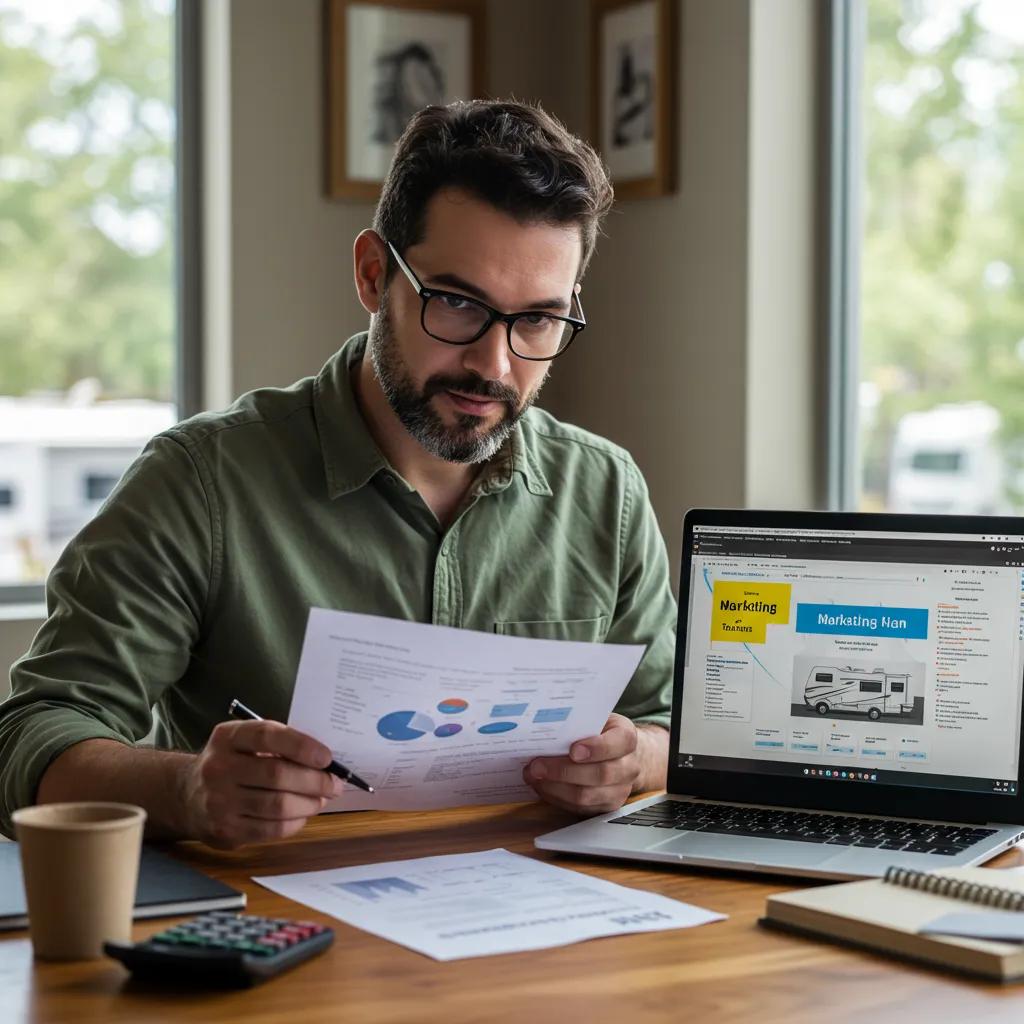 RV park owner reviewing financial documents and marketing plans at a desk