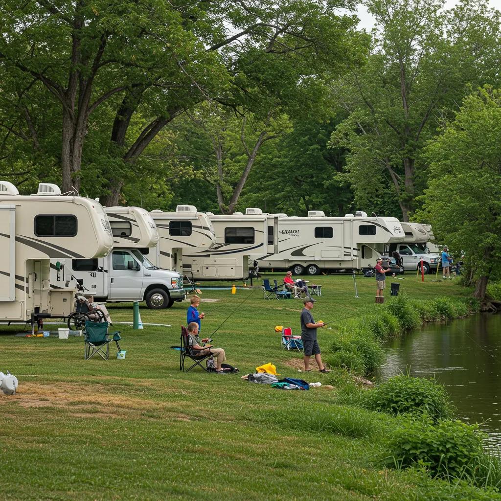 RV park with fishing access, showcasing families enjoying the outdoors and fishing