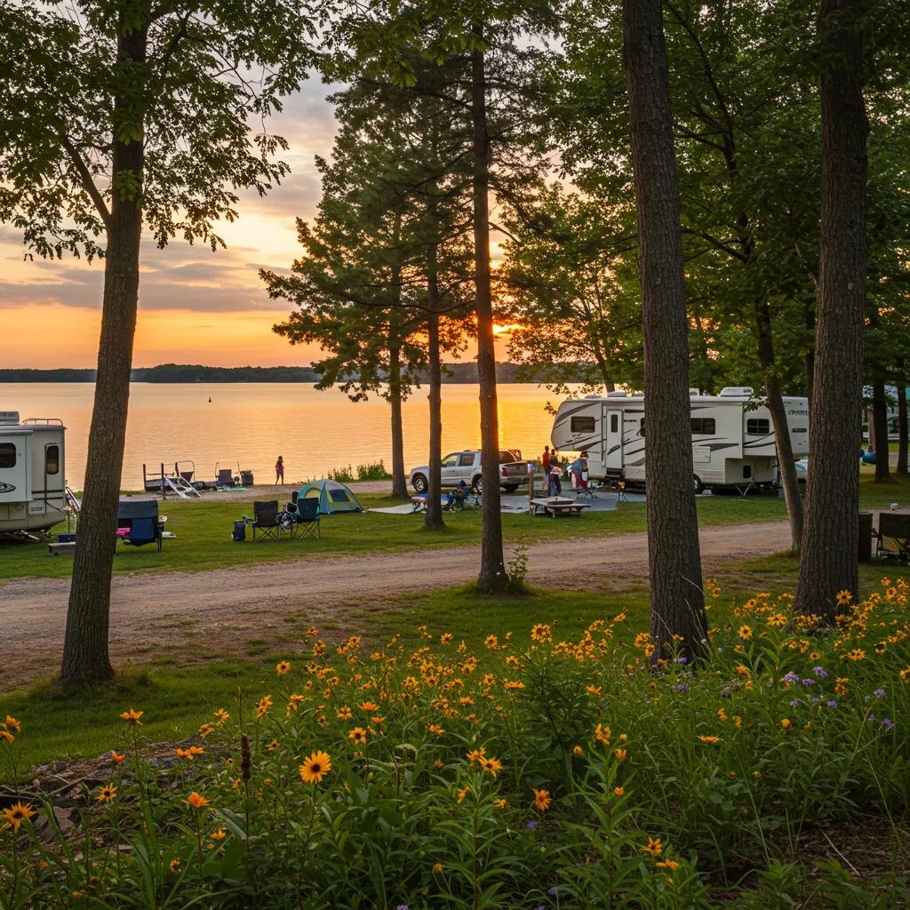 Scenic campground in Michigan with families by the lakeside at sunset