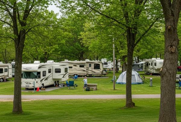 Scenic campground view showcasing RVs and tents in a lush natural setting