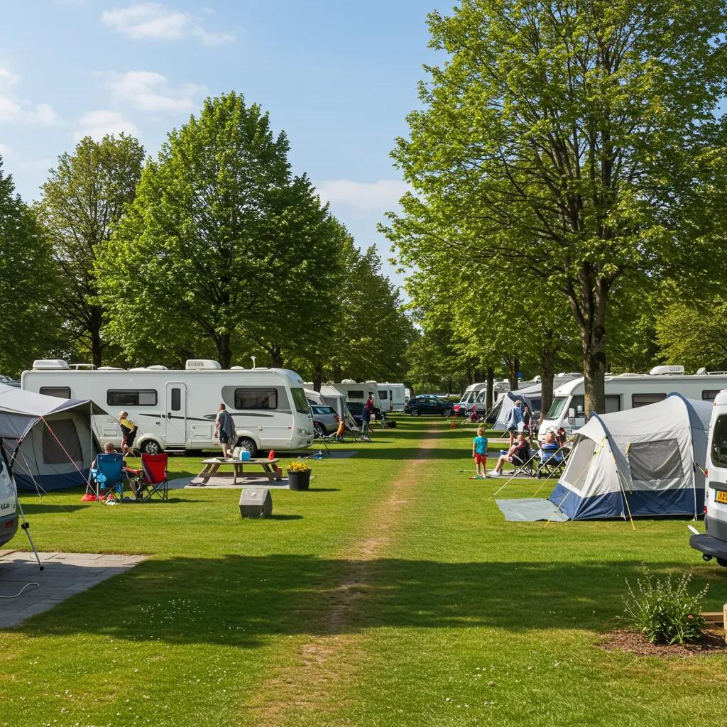 Scenic campground view with families enjoying outdoor activities