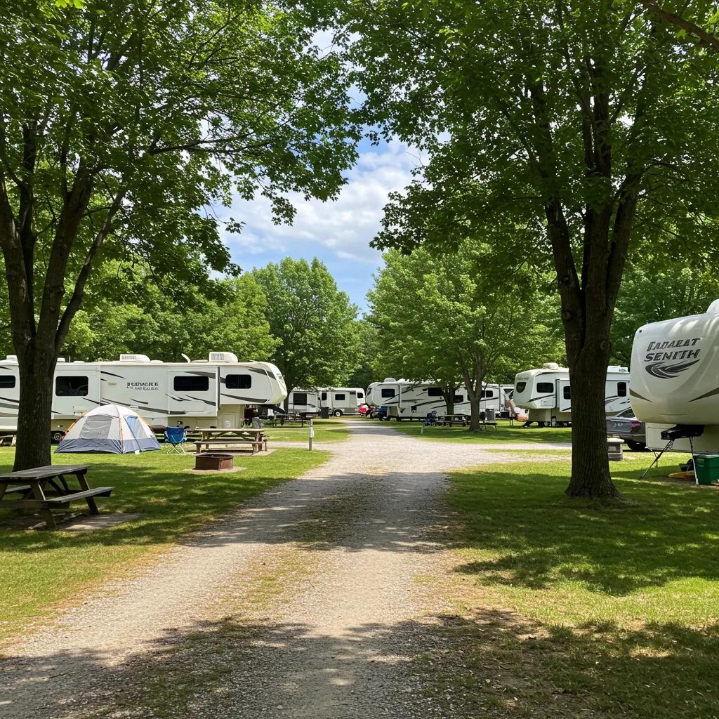 Scenic campground view with RVs and tents, highlighting outdoor amenities and natural beauty