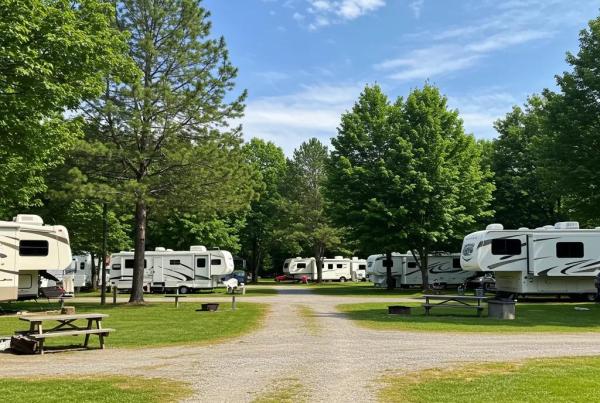 Scenic campground view with RVs and tents, highlighting outdoor hospitality