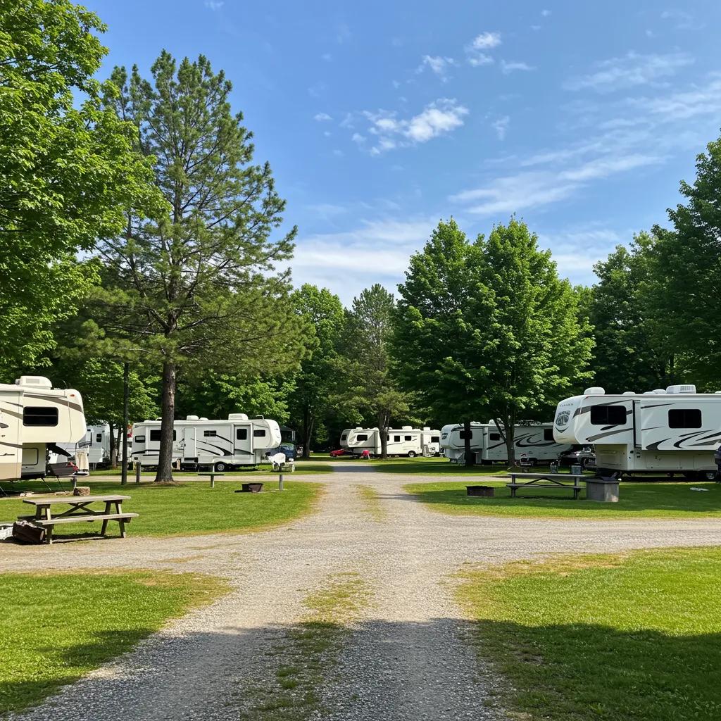 Scenic campground view with RVs and tents, highlighting outdoor hospitality