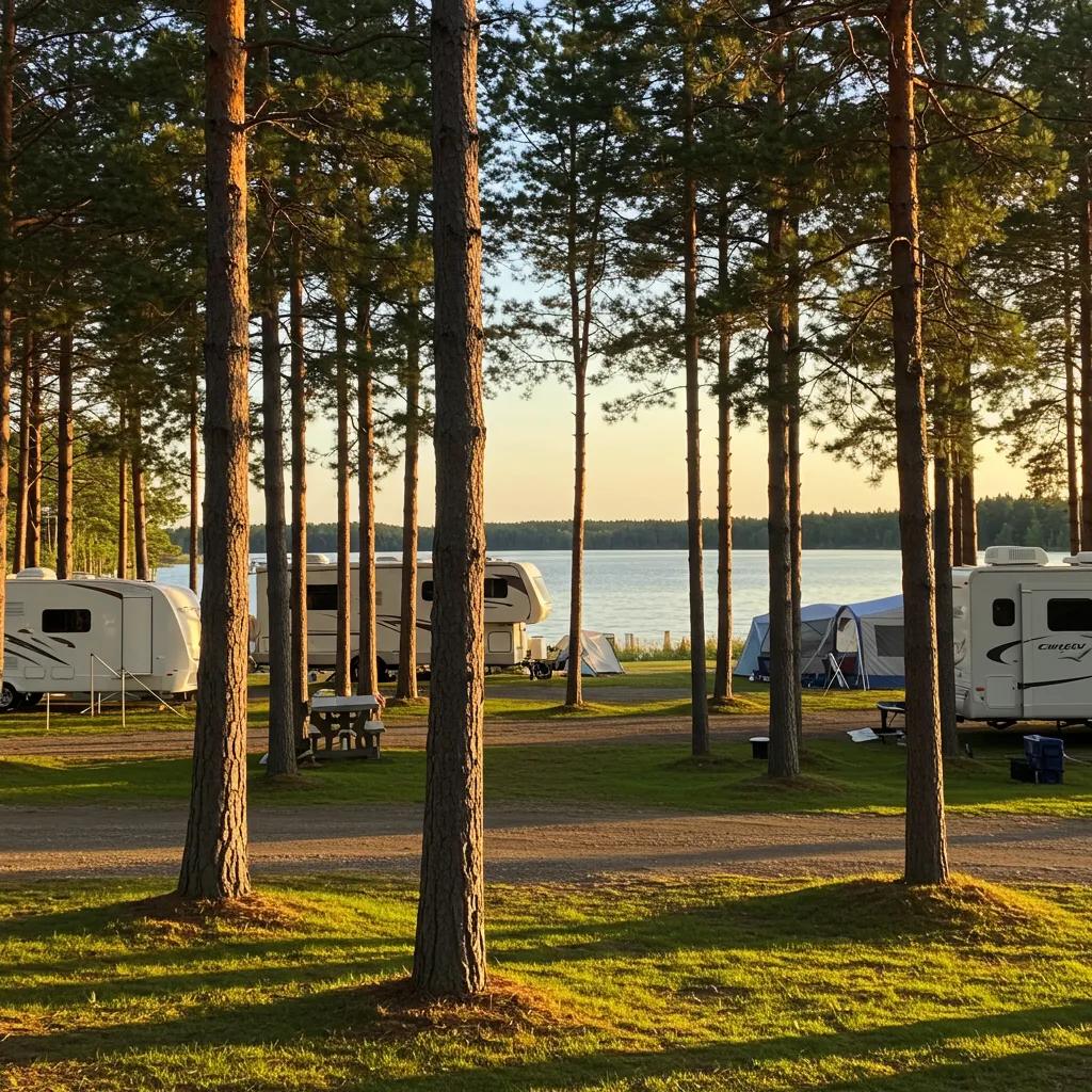 Scenic campground view with RVs and tents, highlighting outdoor hospitality and adventure