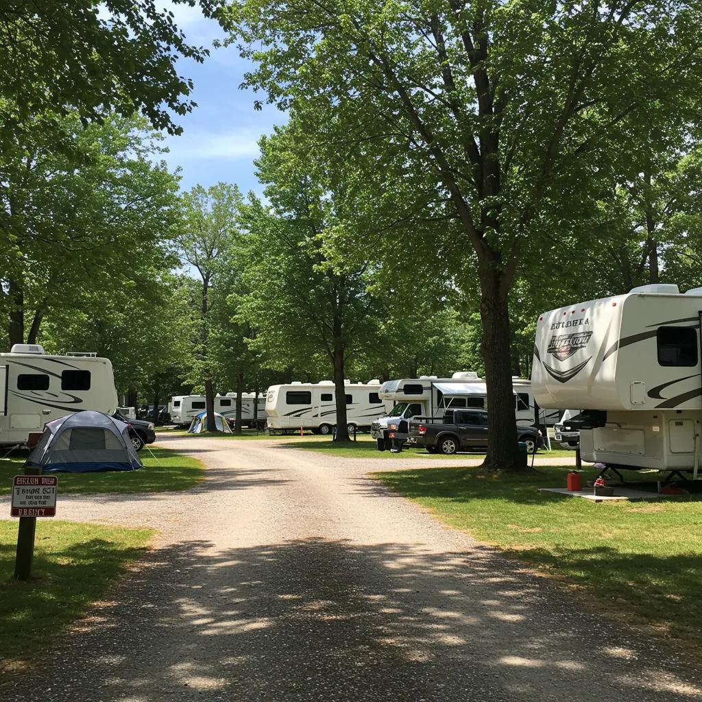 Scenic campground view with RVs and tents, representing outdoor hospitality and adventure