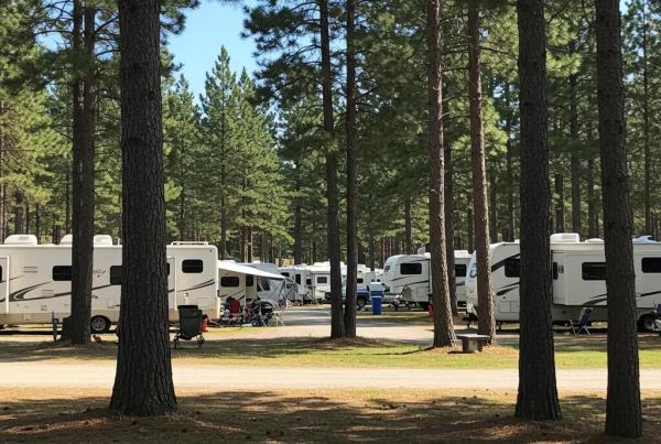 Scenic campground view with RVs and tents, representing outdoor hospitality and community