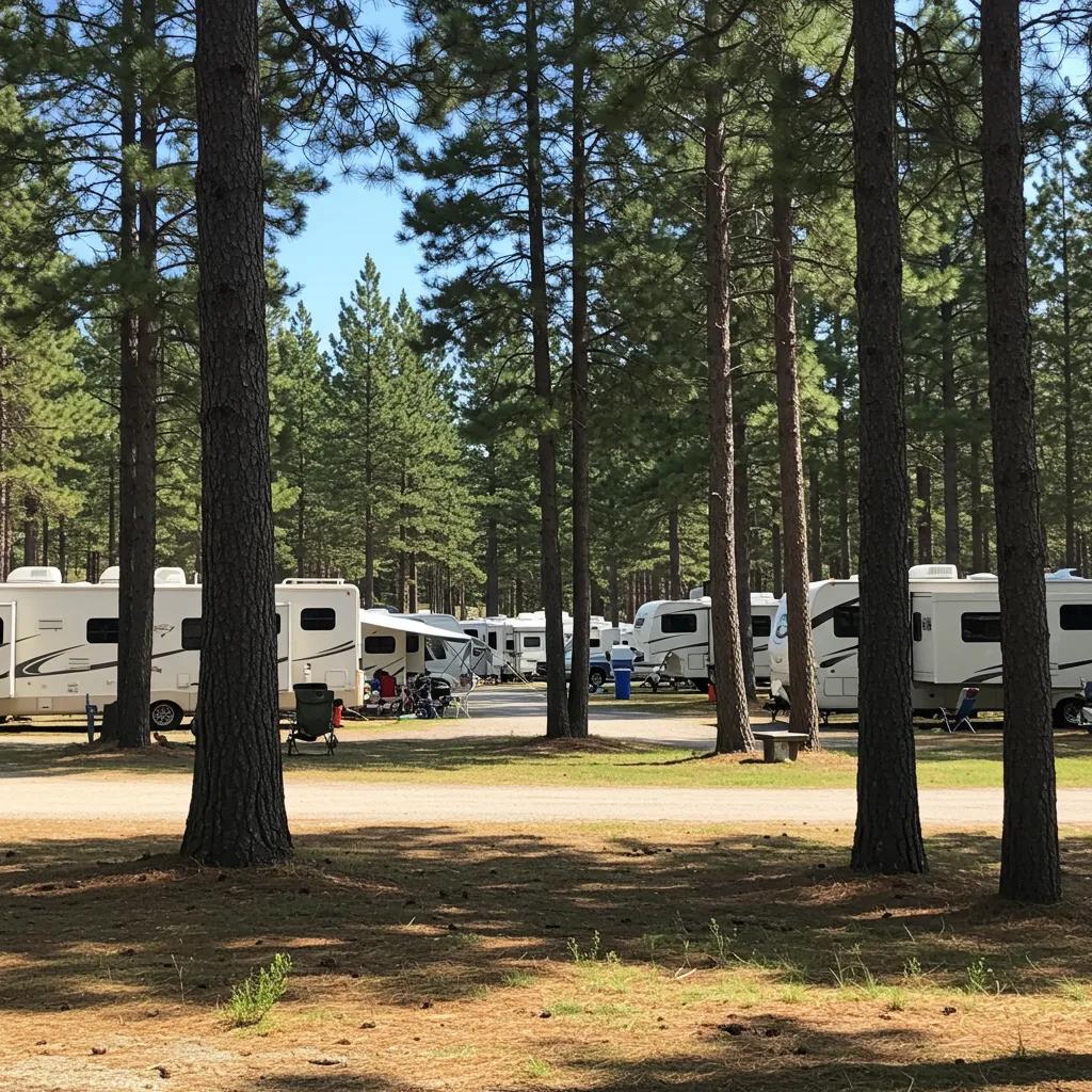 Scenic campground view with RVs and tents, representing outdoor hospitality and community