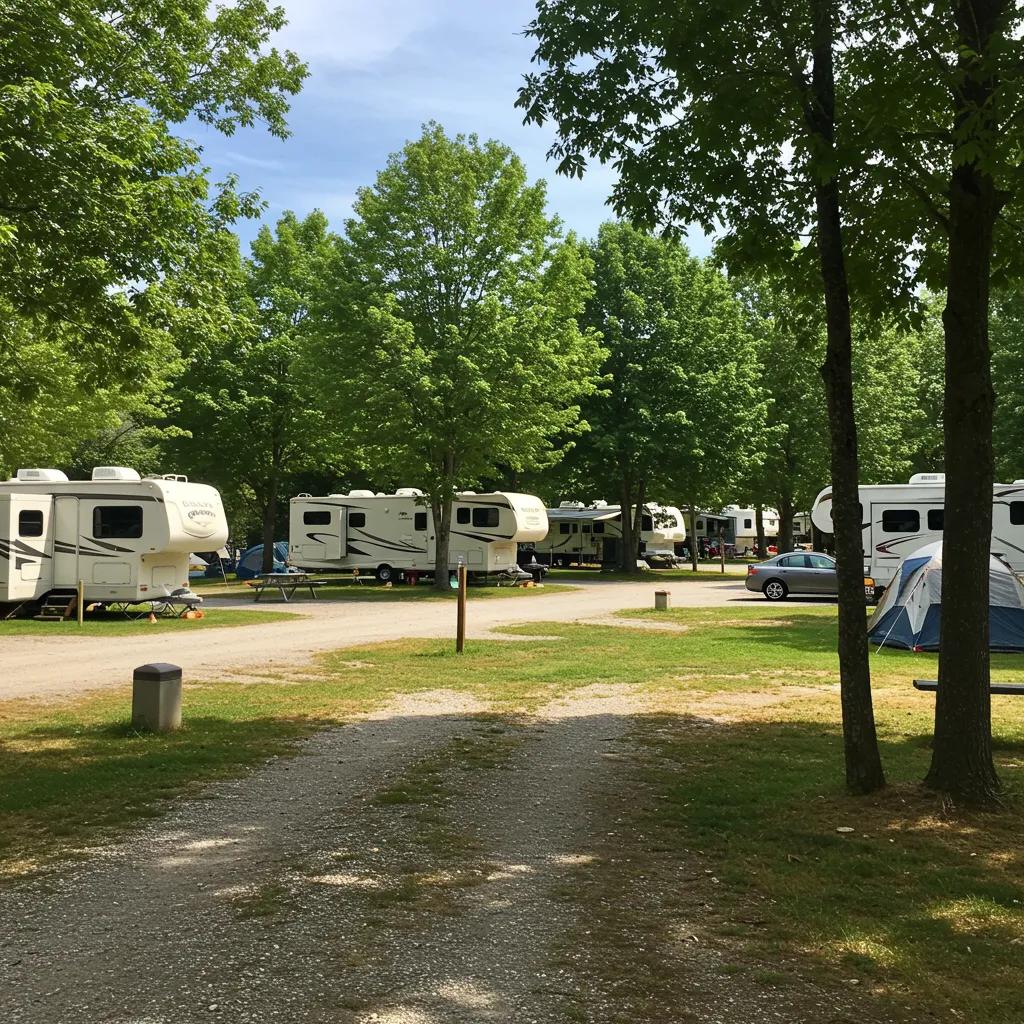 Scenic campground view with RVs and tents, representing outdoor hospitality and real estate opportunities