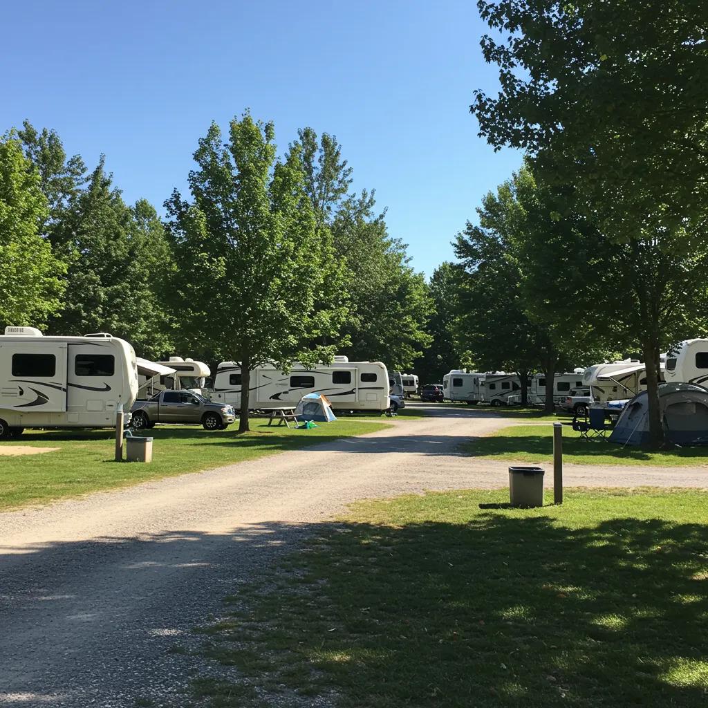 Scenic campground view with RVs and tents, showcasing outdoor hospitality