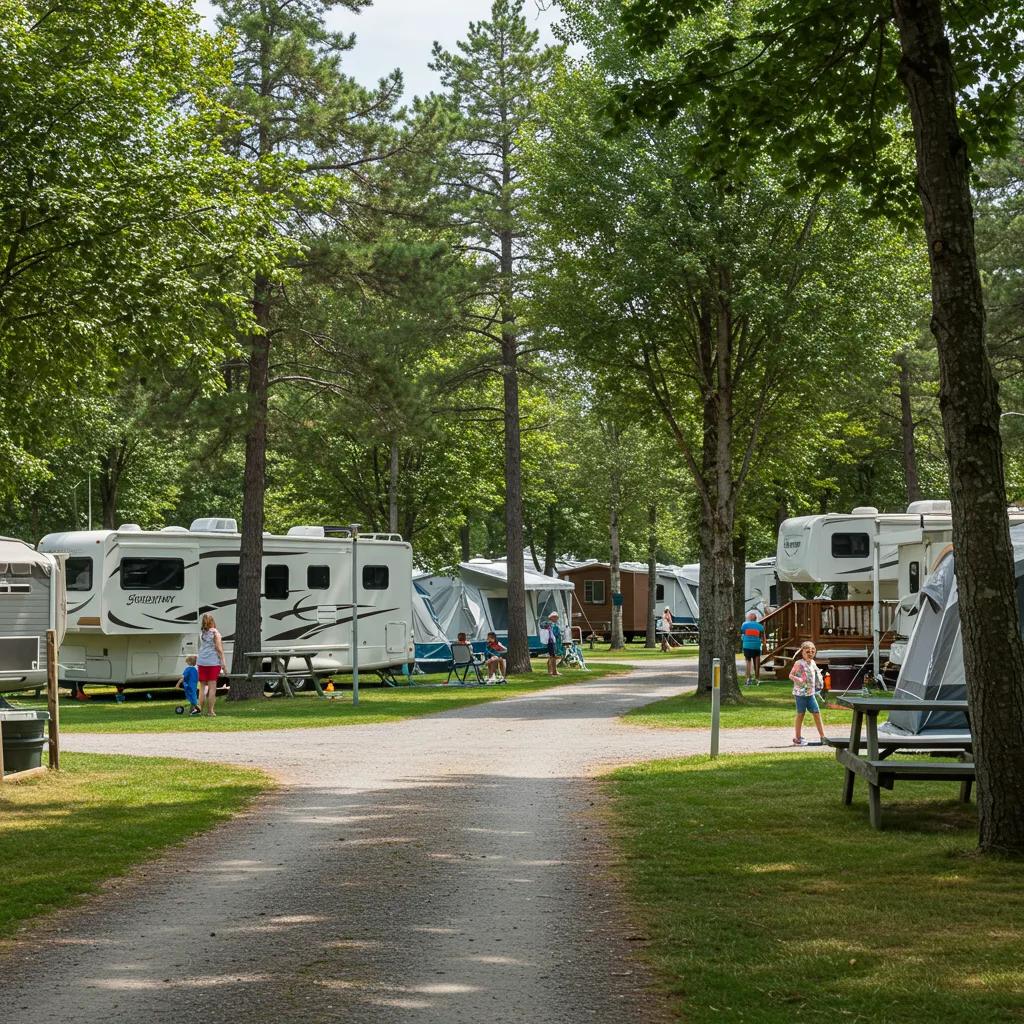 Scenic campground view with RVs, tents, and cabins in a natural setting