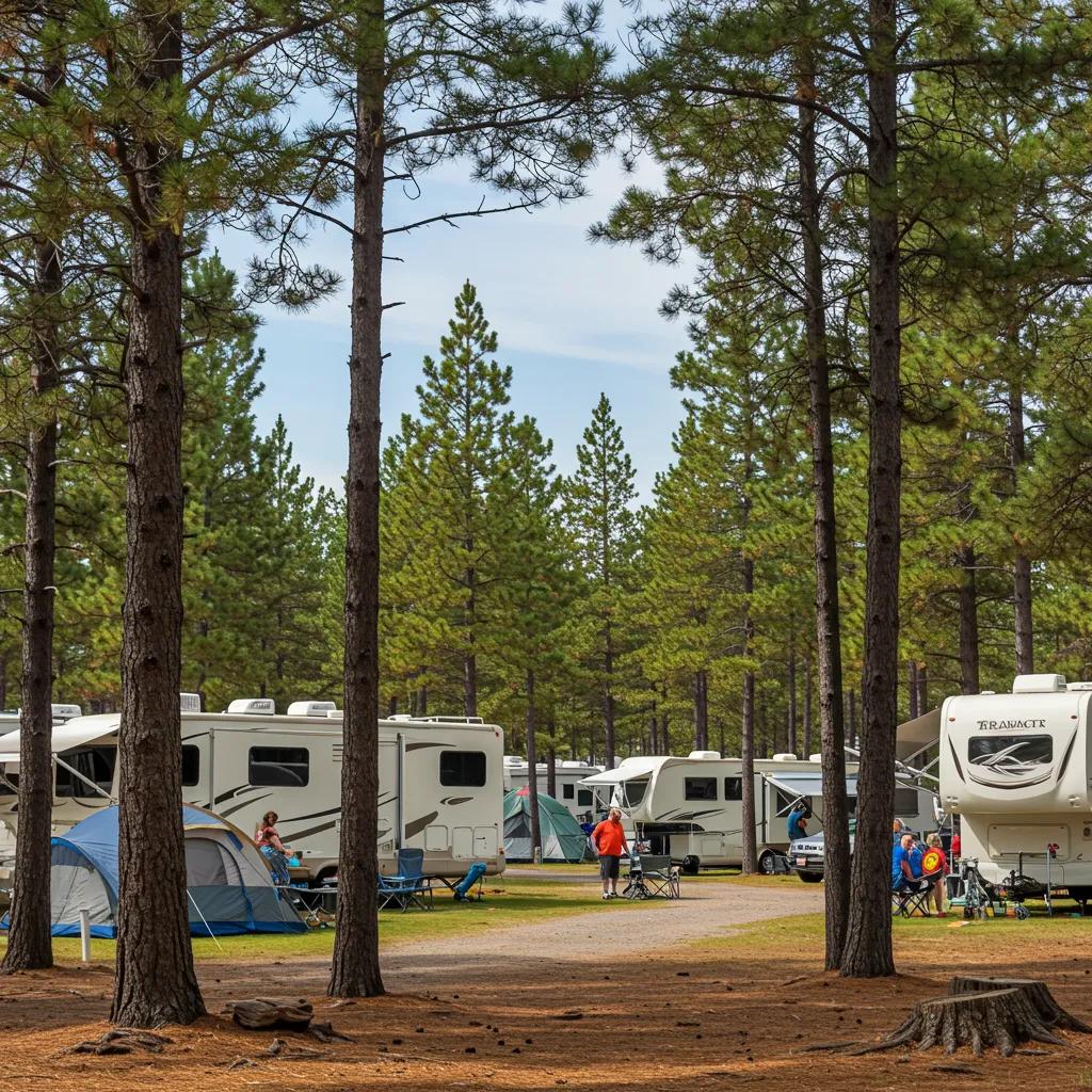 Scenic campground with RVs and families enjoying outdoor hospitality
