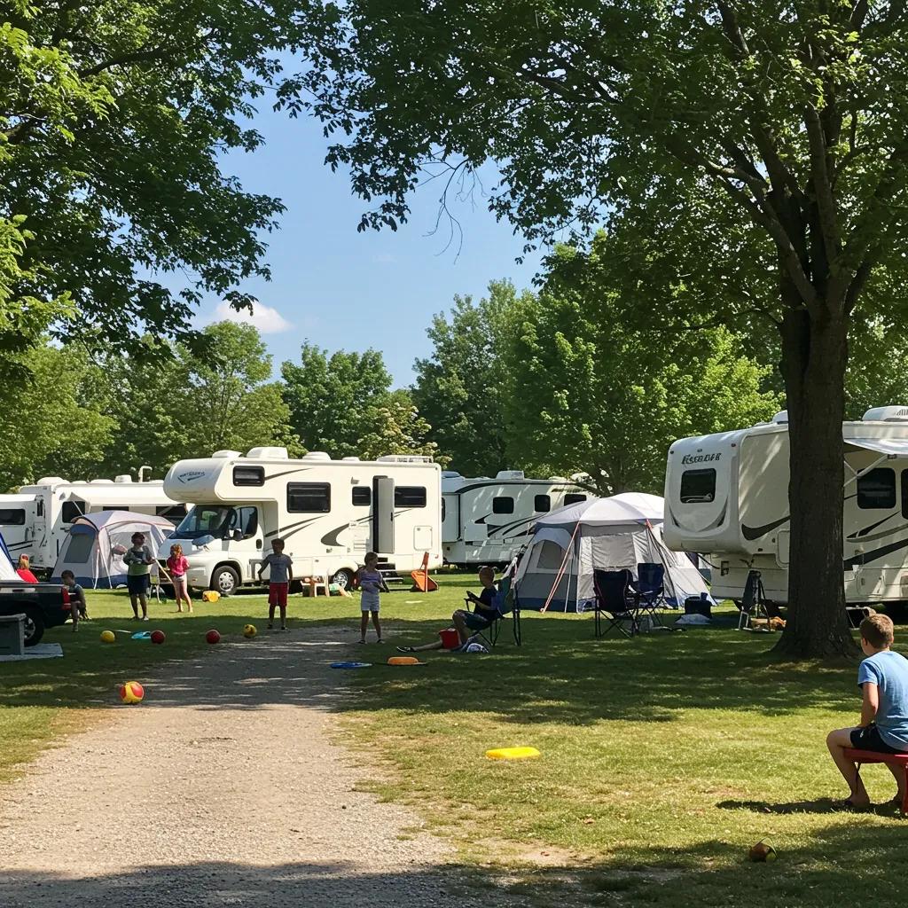 Scenic campground with RVs and tents, highlighting seasonal outdoor activities and community atmosphere