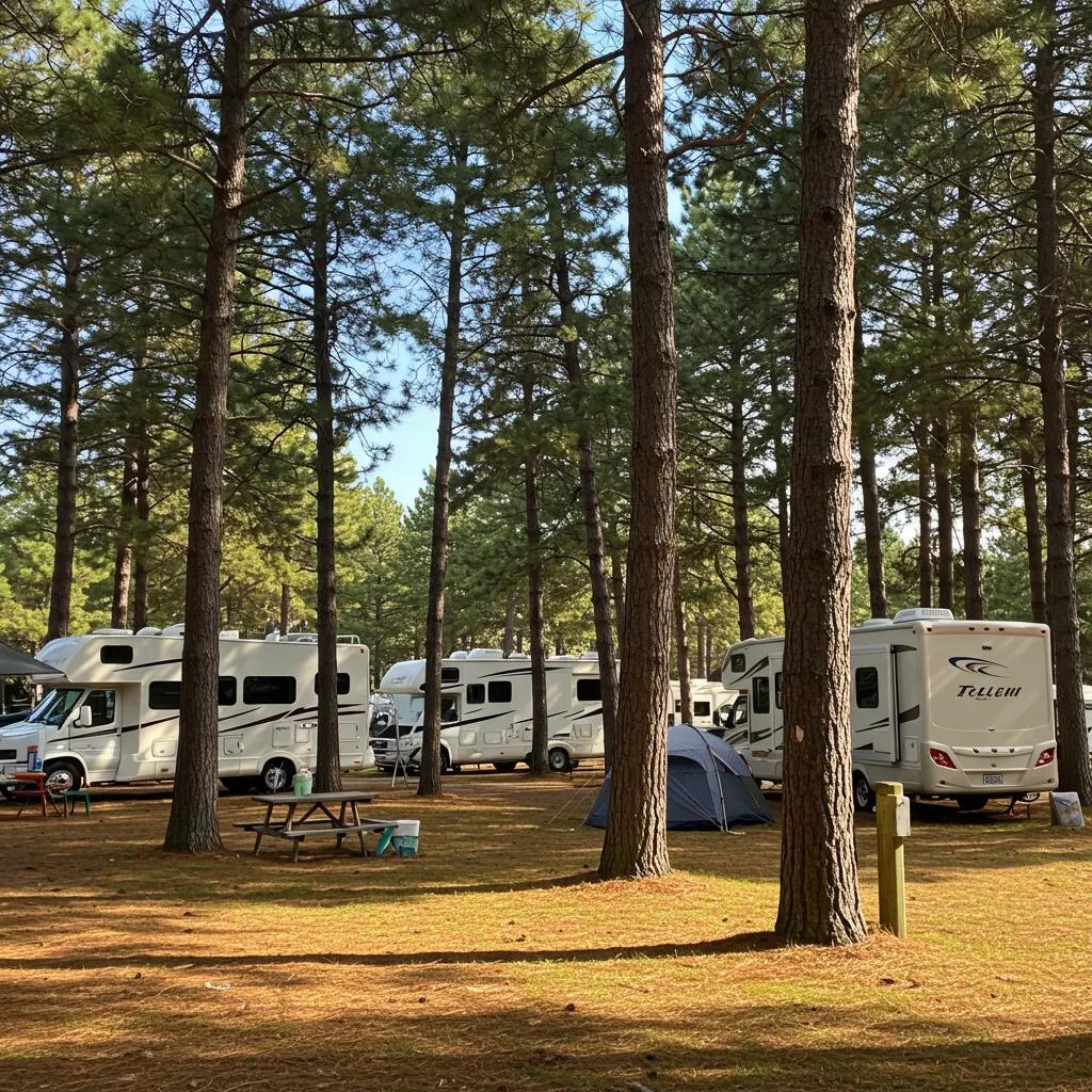 Scenic campground with RVs and tents, representing outdoor hospitality and campground brokerage