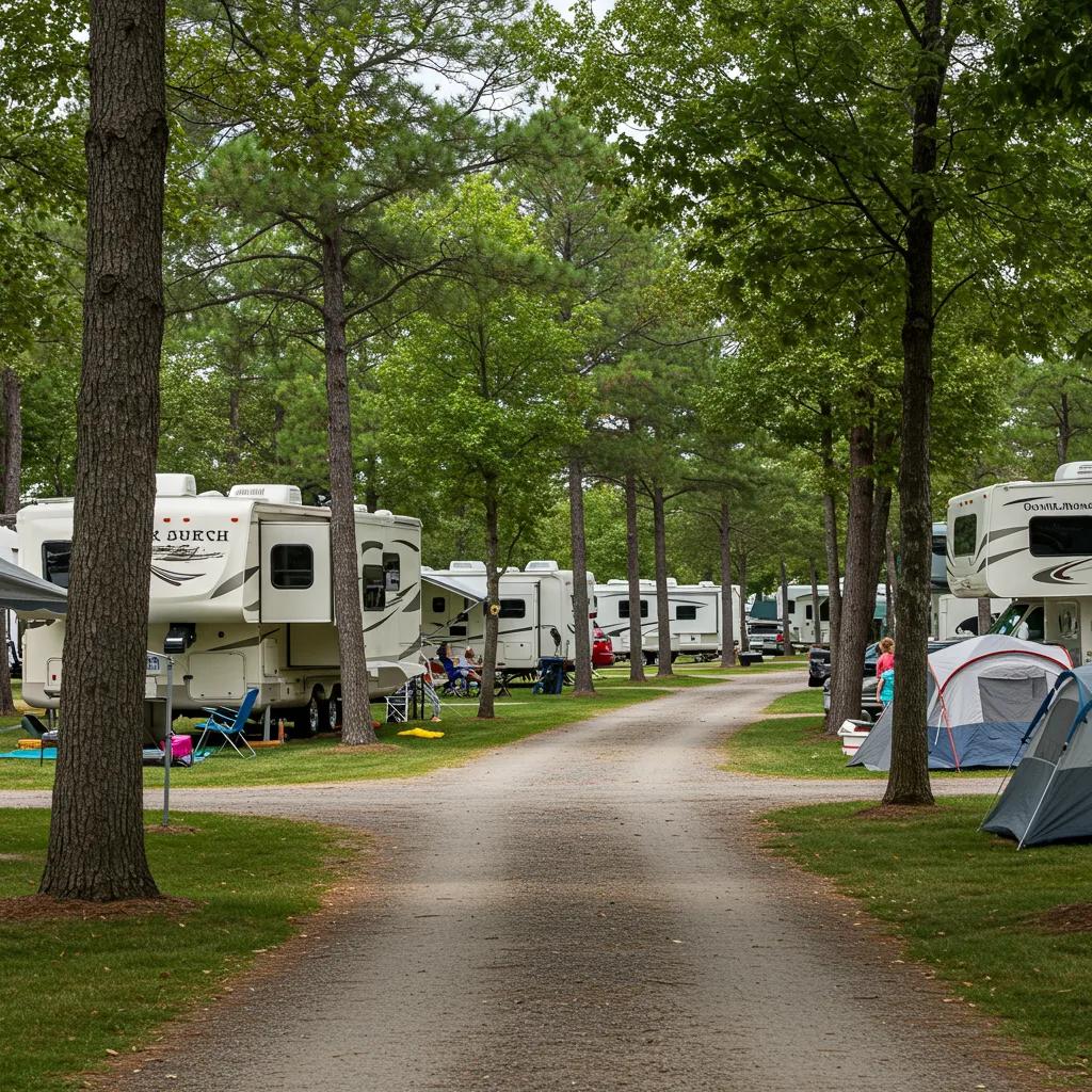 Scenic campground with RVs and tents, representing outdoor hospitality and campground brokerage