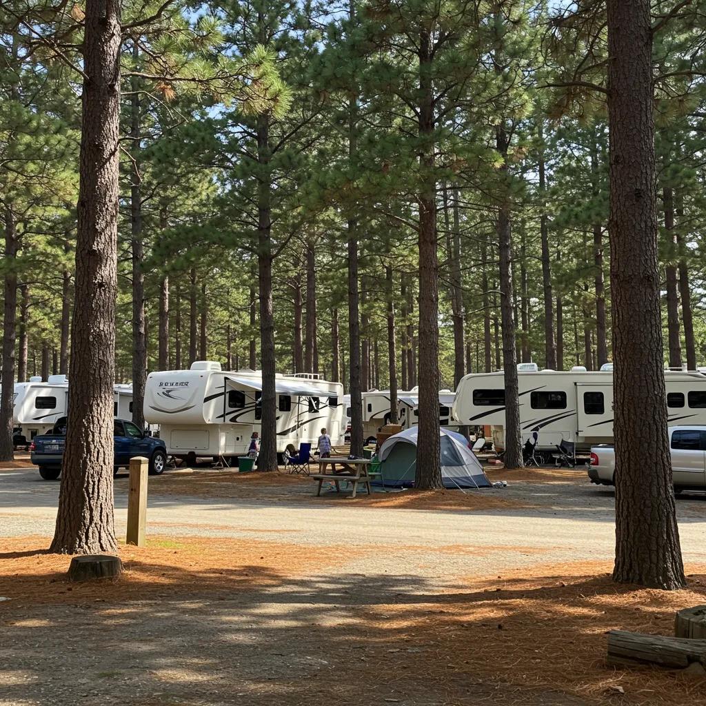 Scenic campground with RVs and tents, representing outdoor hospitality and community