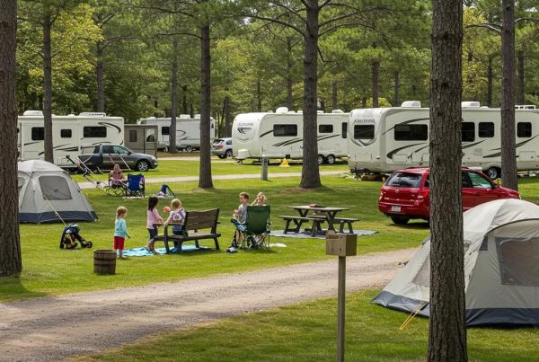 Scenic campground with RVs and tents, representing outdoor hospitality and selling campgrounds