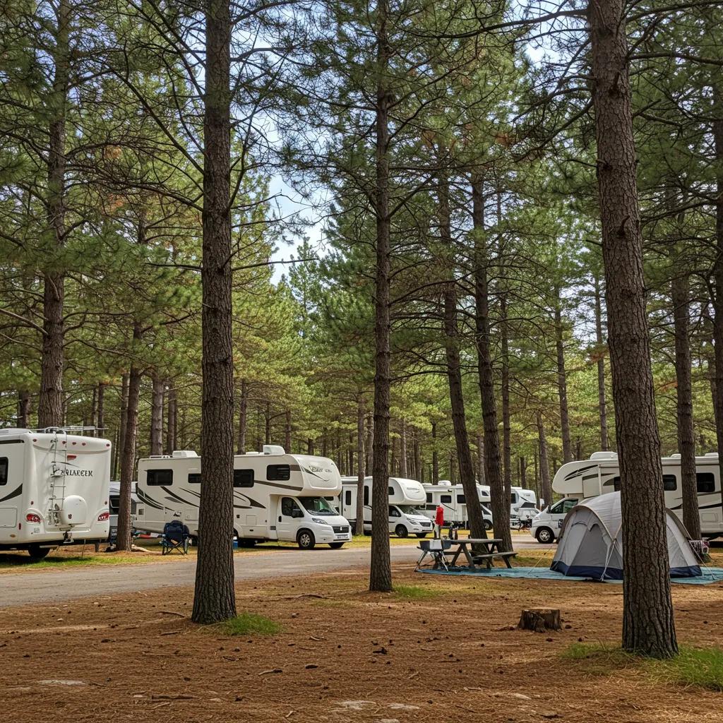 Scenic campground with RVs and tents, representing the essence of selling campgrounds and RV parks