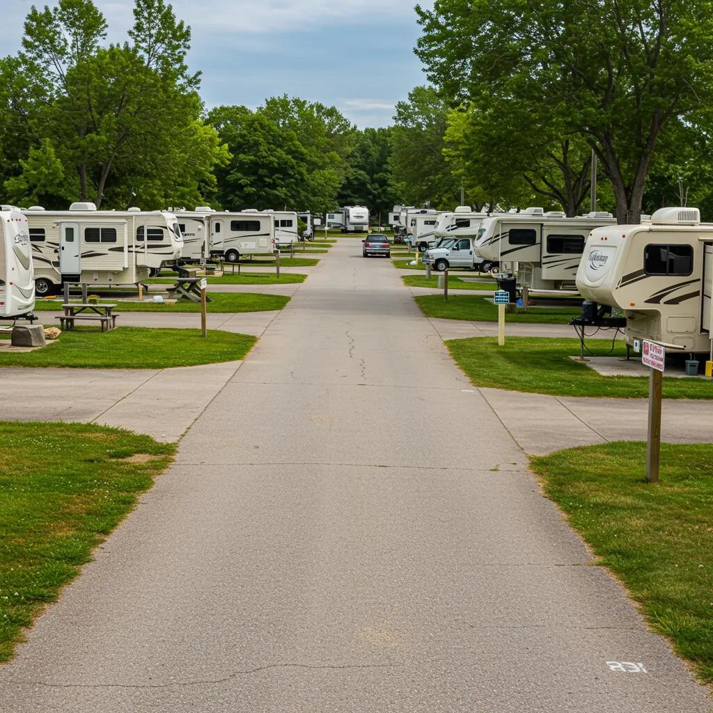 Scenic RV park with well-maintained facilities and lush greenery, representing the value of RV park sales