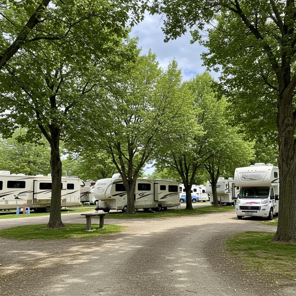 Scenic RV park with well-maintained RVs under trees, representing buyer interests in campground properties
