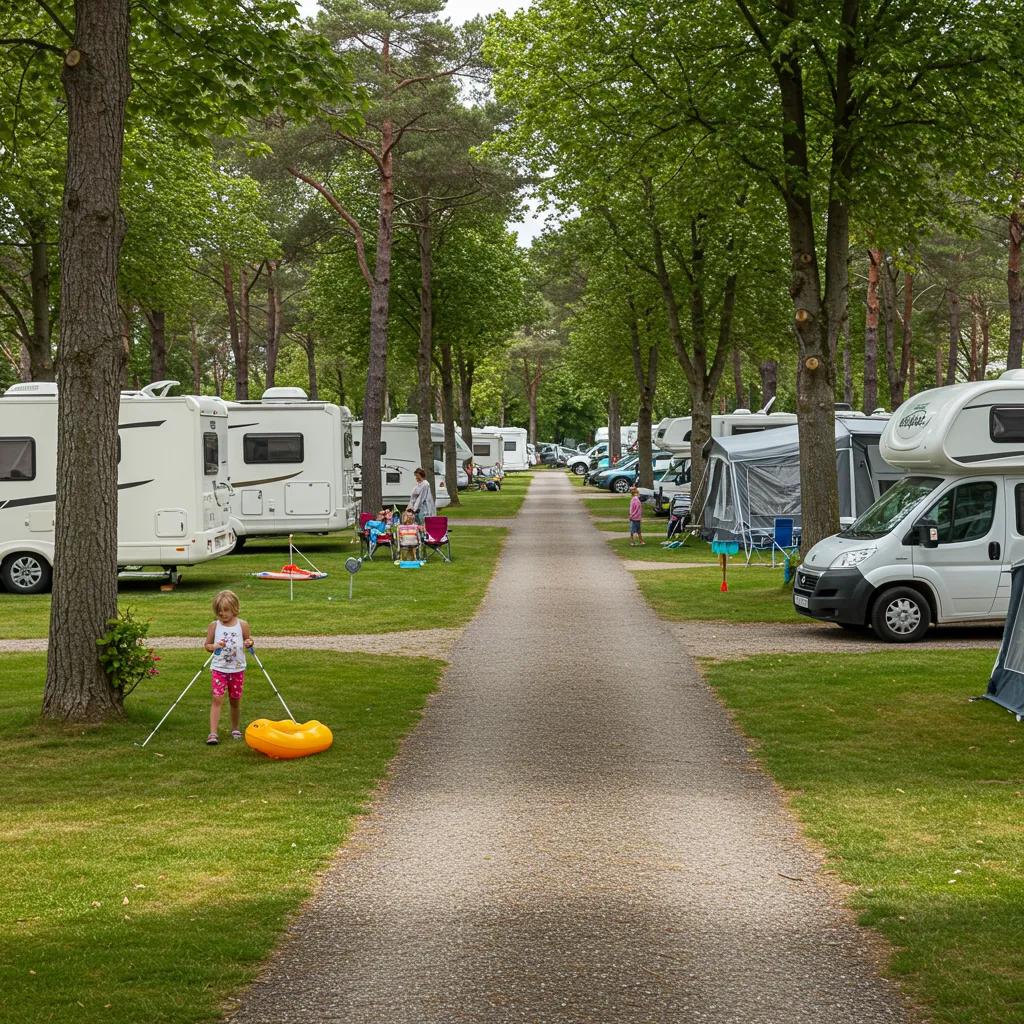 Scenic view of a campground with families enjoying outdoor activities and lush greenery