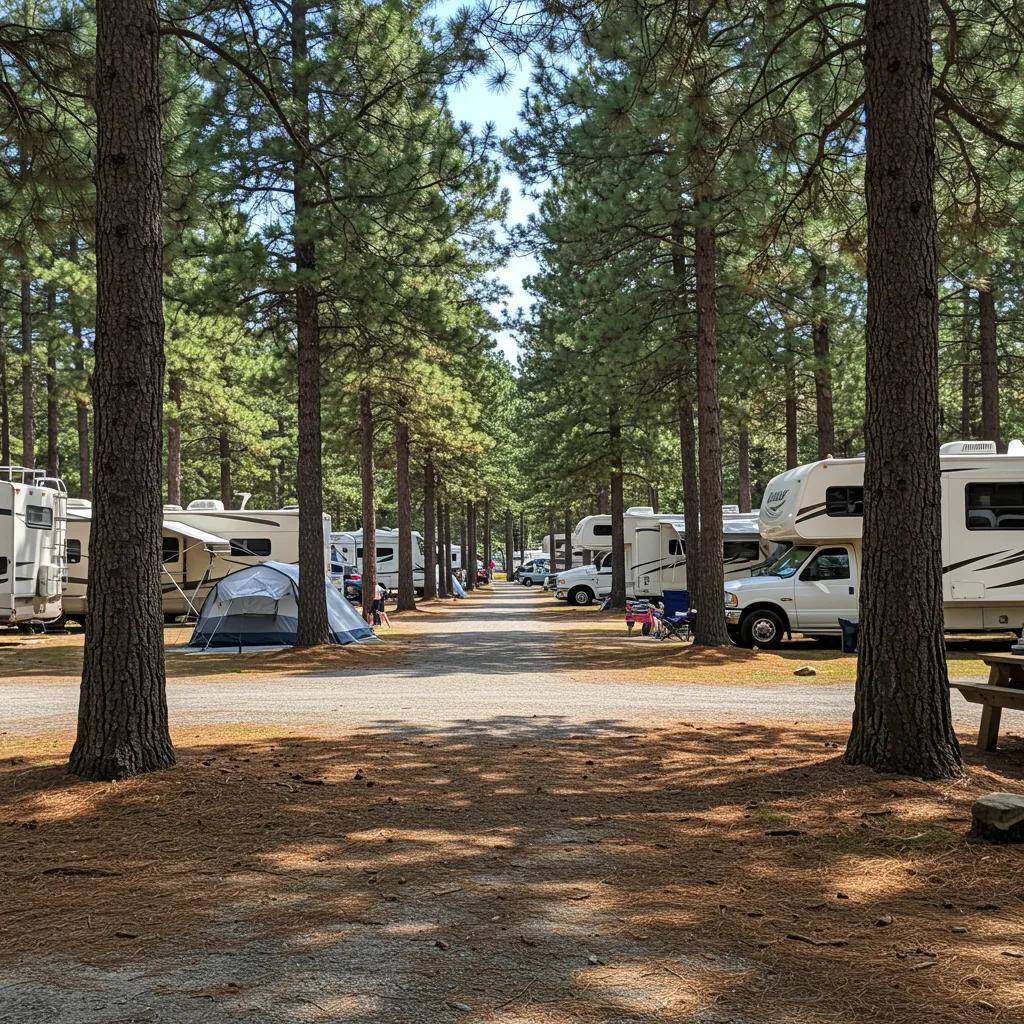 Scenic view of a campground with RVs and tents, emphasizing outdoor leisure and community