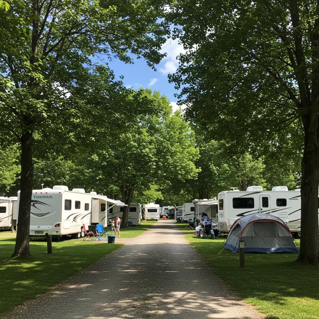 Scenic view of a campground with RVs and tents, highlighting the beauty of outdoor living and community