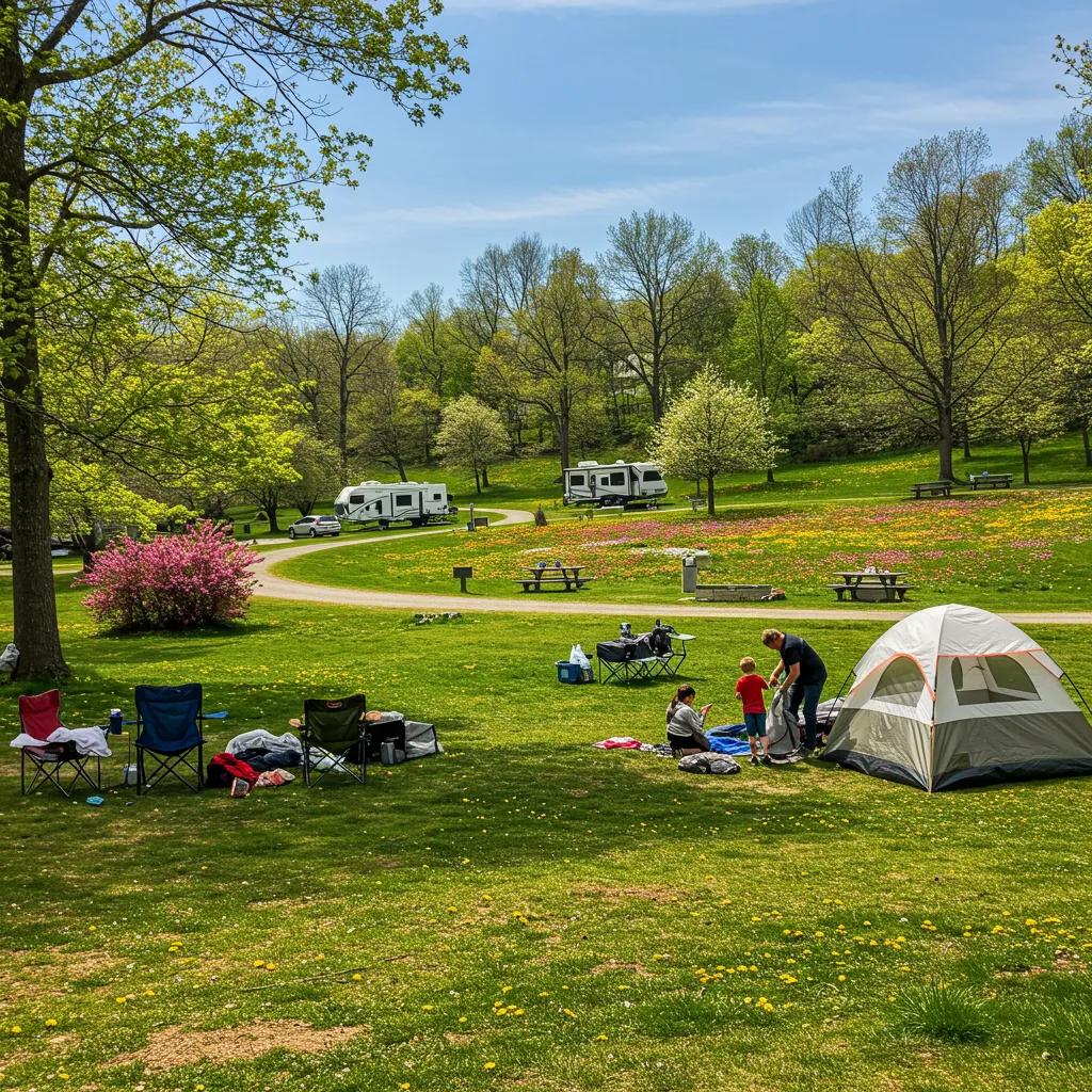 Scenic view of a family camping in a vibrant Ohio state park during spring, highlighting the beauty of nature and outdoor adventure.