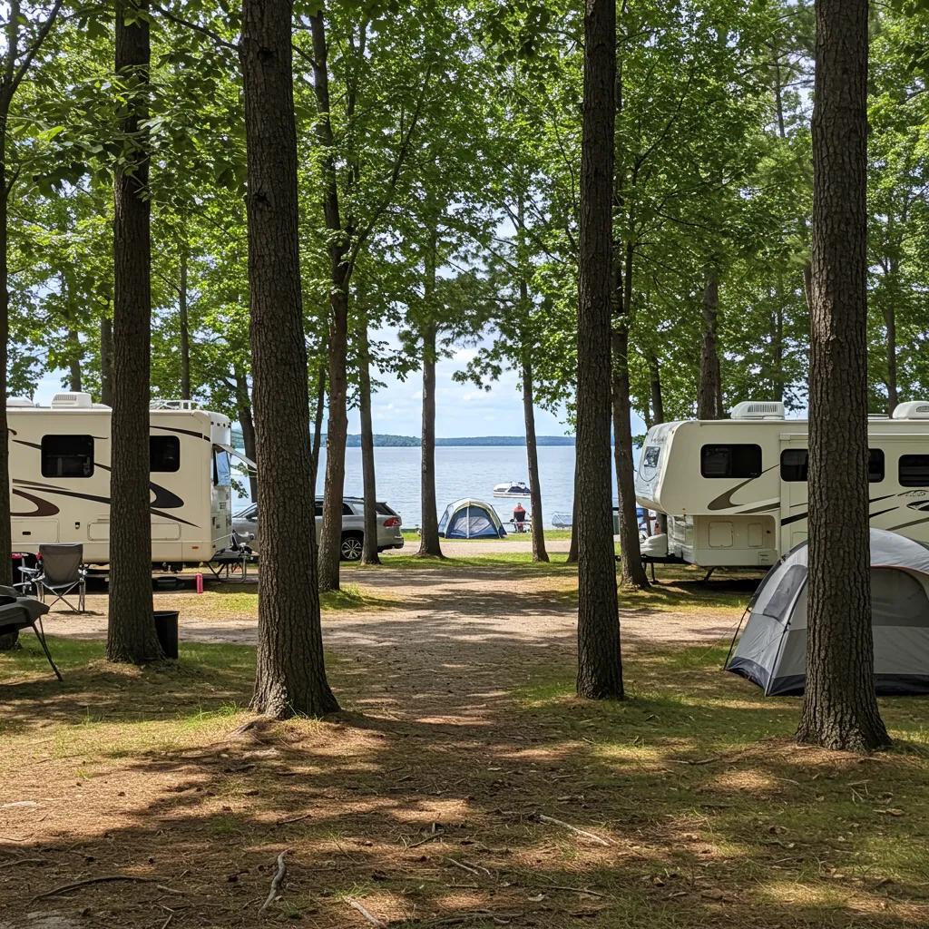 Scenic view of a lively campground with RVs and tents, highlighting outdoor leisure and family enjoyment