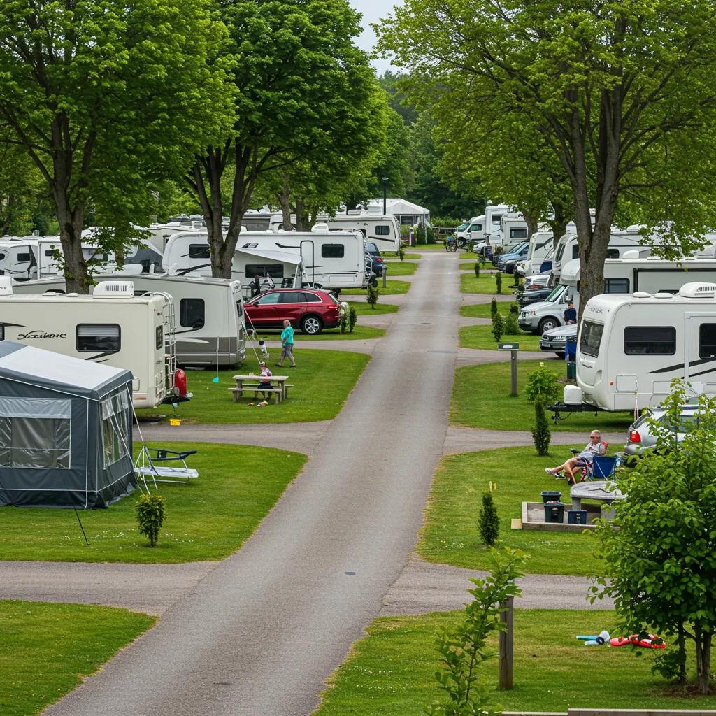 Scenic view of a vibrant campground with families enjoying outdoor activities