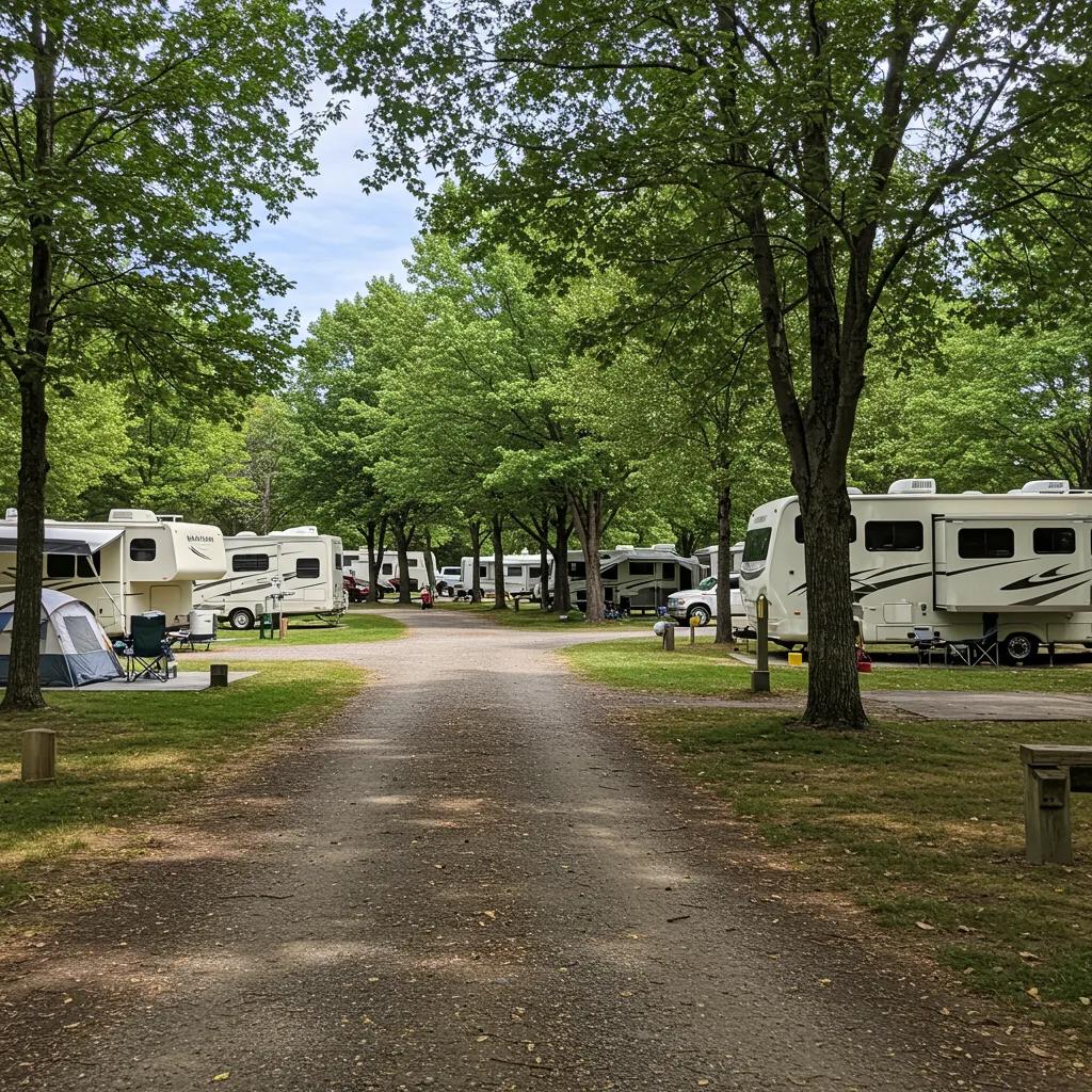 Scenic view of a vibrant campground with RVs and tents, highlighting outdoor adventure and tranquility