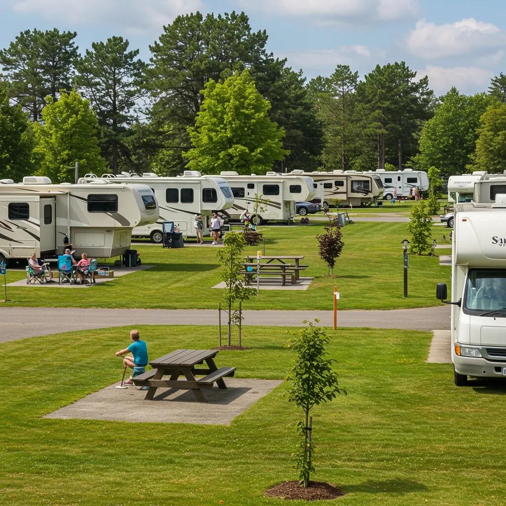 Scenic view of a vibrant RV park with families enjoying outdoor activities