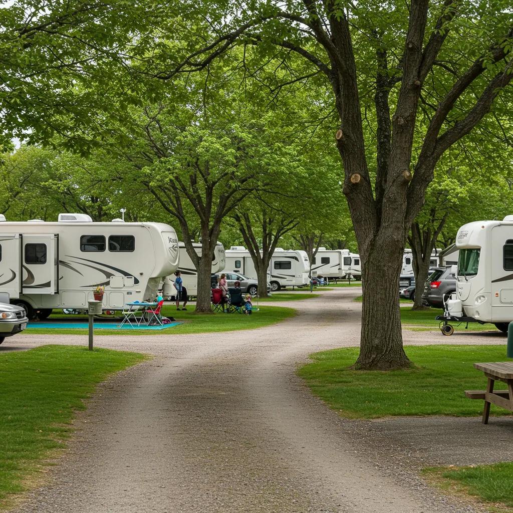 Scenic view of a vibrant RV park with families enjoying outdoor activities