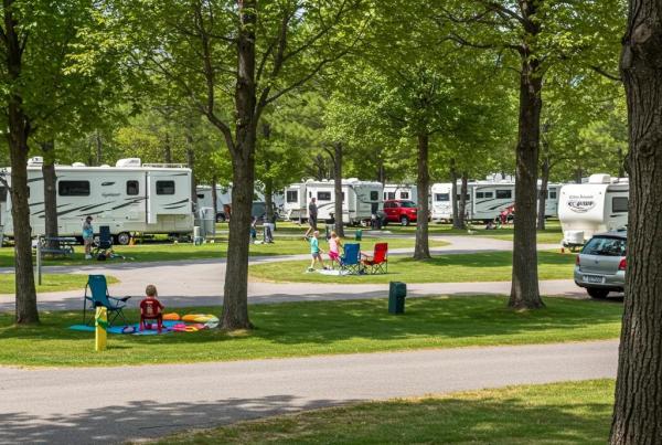 Scenic view of a well-maintained campground with families enjoying outdoor activities