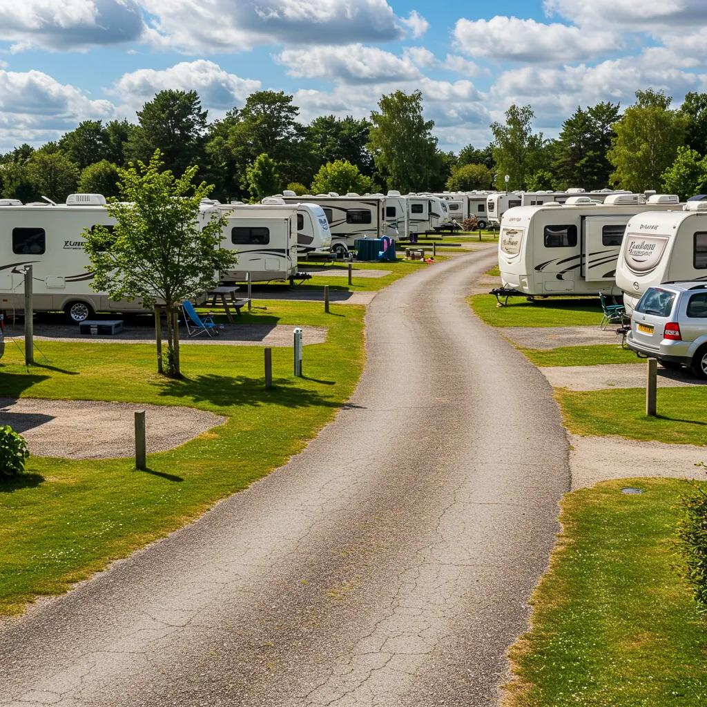 Scenic view of a well-maintained campground with RV sites and natural surroundings