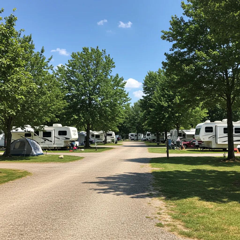 Scenic view of a well-maintained campground with RVs and tents, highlighting outdoor adventure and tranquility