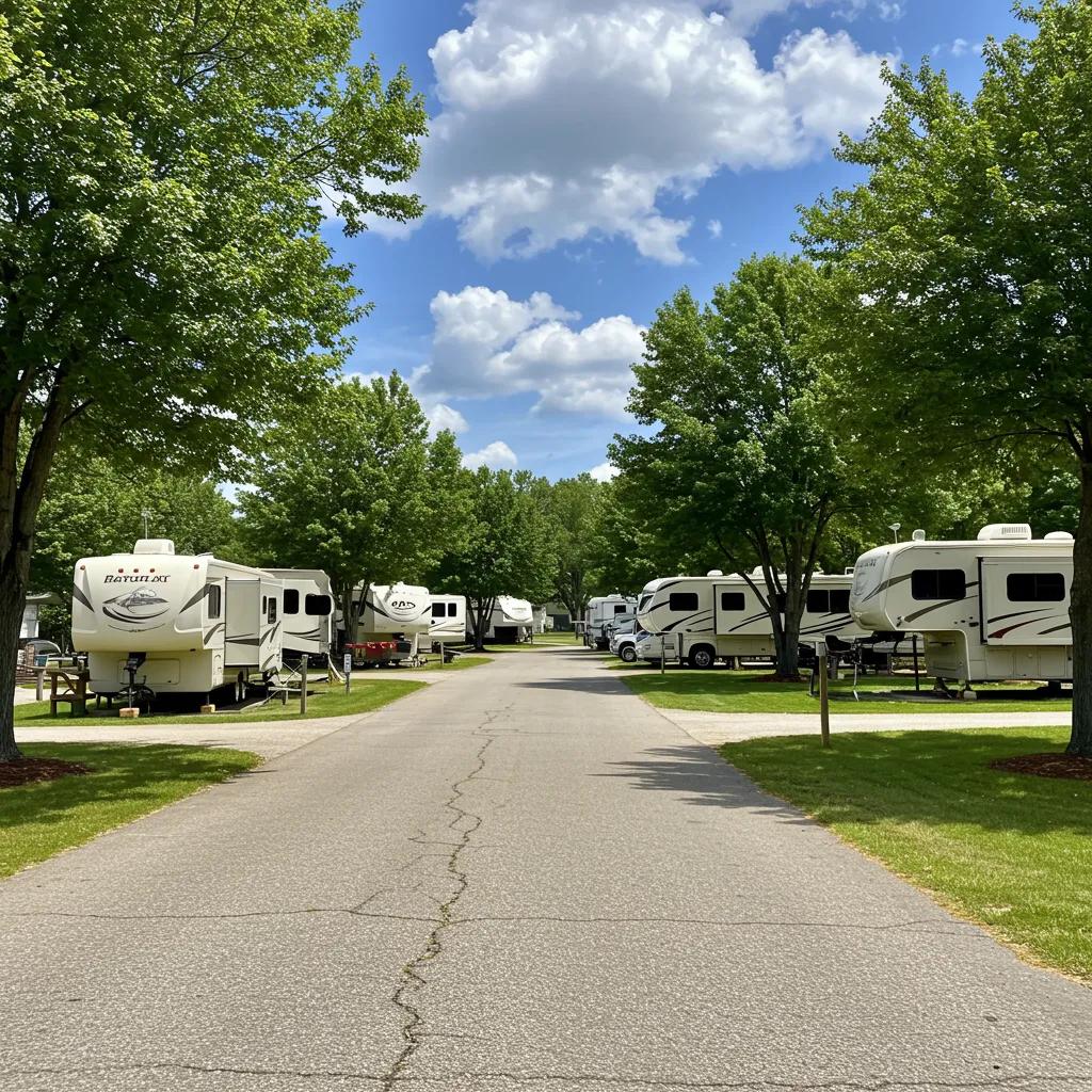 Scenic view of a well-maintained RV park showcasing lush greenery and inviting atmosphere